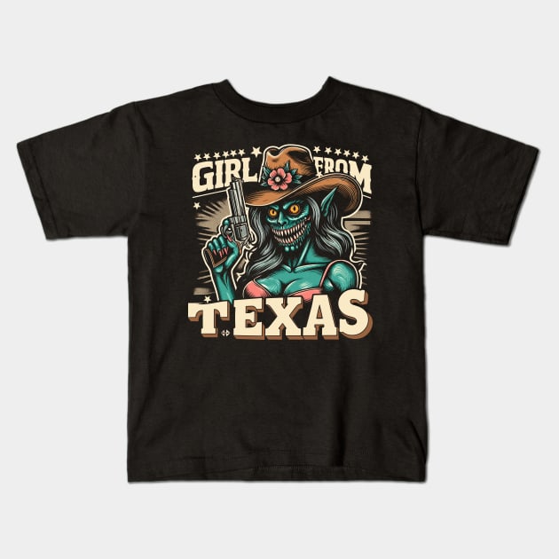 Texas Girl Funny Monster lady Kids T-Shirt by ravensart